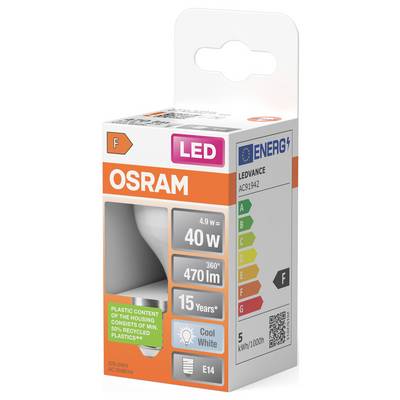OSRAM LED light bulb package, 4.9W (40W equivalent), 470 lm, cool white, E14, 15 years, energy class F.<br>
