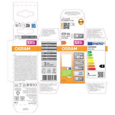 Collage of Osram LED bulb packaging and labels, showing product details like 40W, 470 lm, E14, energy rating F, QR codes, and multilingual specs.