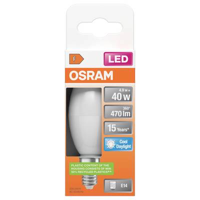 OSRAM LED light bulb package showing an E14 bulb, 40W equivalent, 470 lumens, 15 years, cool daylight, 4.9W, energy class F.