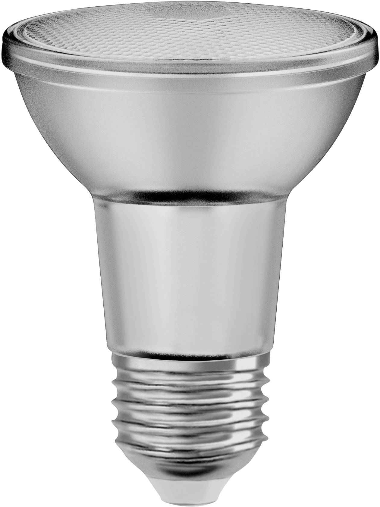 A silver LED lamp with an E27 screw fitting, suitable for use in standard lamp sockets.