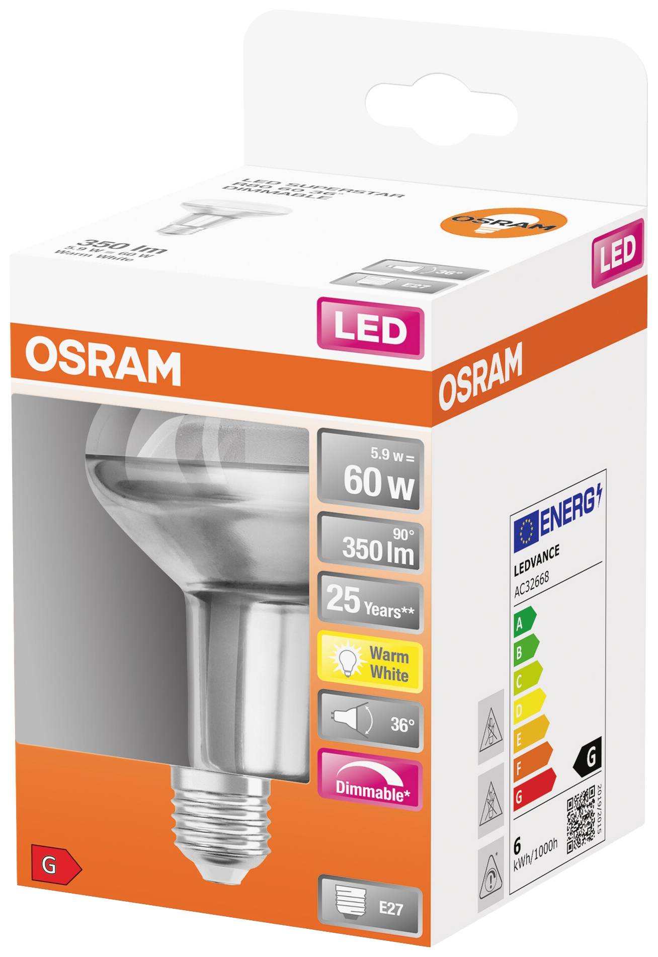 'Osram LED light bulb, 60 W, 350 lumens, warm white, dimmable, Energy Class G. Packaging displays product image and specifications.'