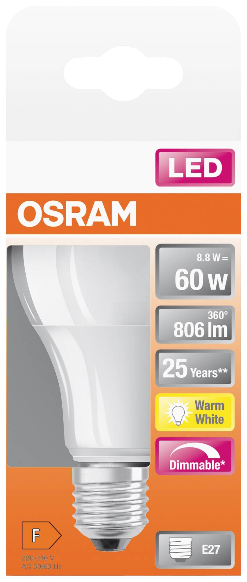 LED light bulb with 8.8 W power, 806 lm brightness, 25-year lifespan, warm white, dimmable, E27 fitting, Energy Class F.