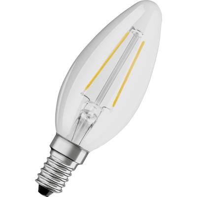 A LED candle-shaped light bulb with a clear casing and silver base, displaying two yellow filaments.