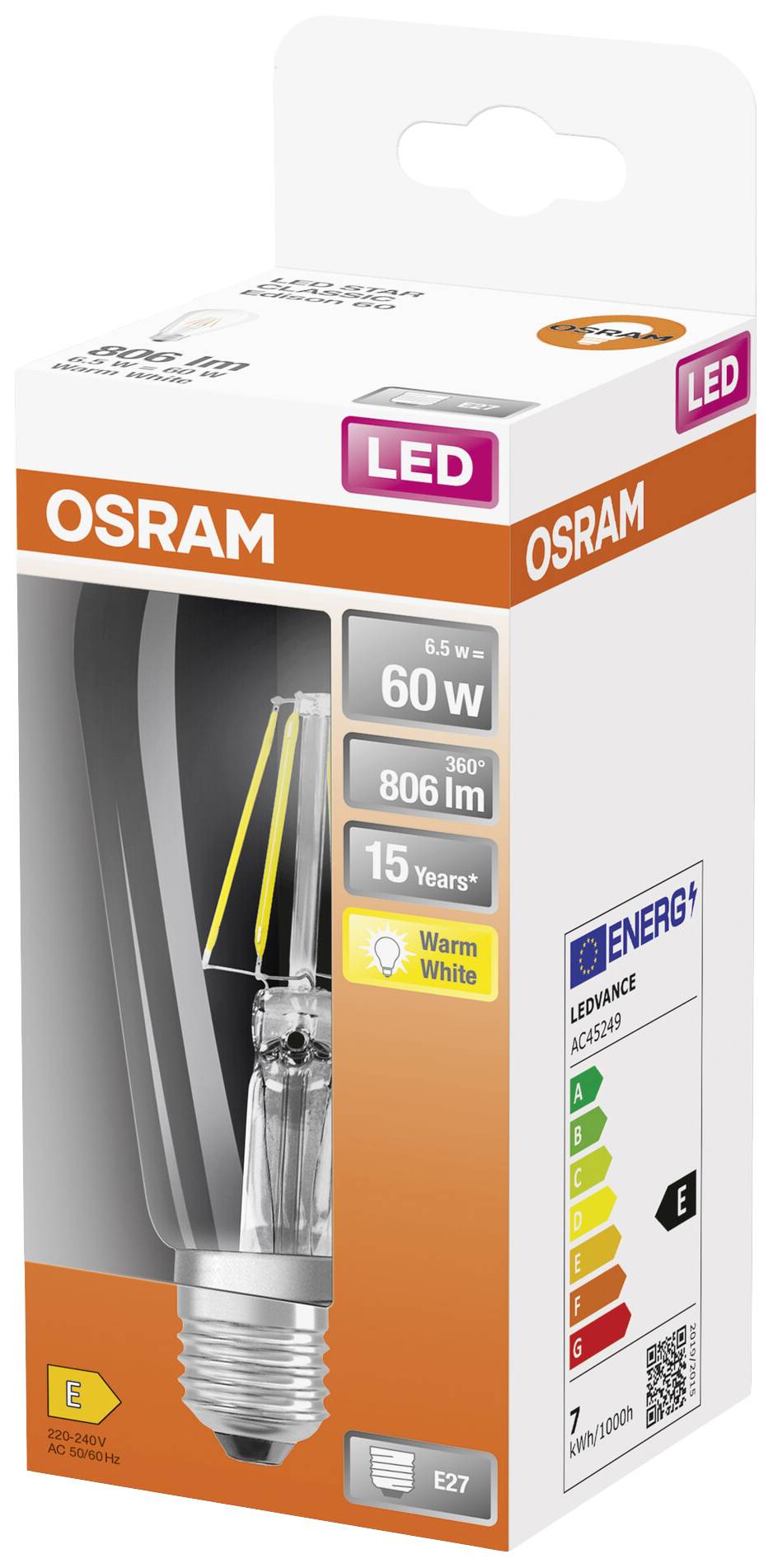 OSRAM 4058075434400 LED (monochrome) EEC E (A - G) E-27 Pear shape 6.5 W = 60 W Warm white (Ø x L) 64 mm x 143 mm 1 pc(s-1