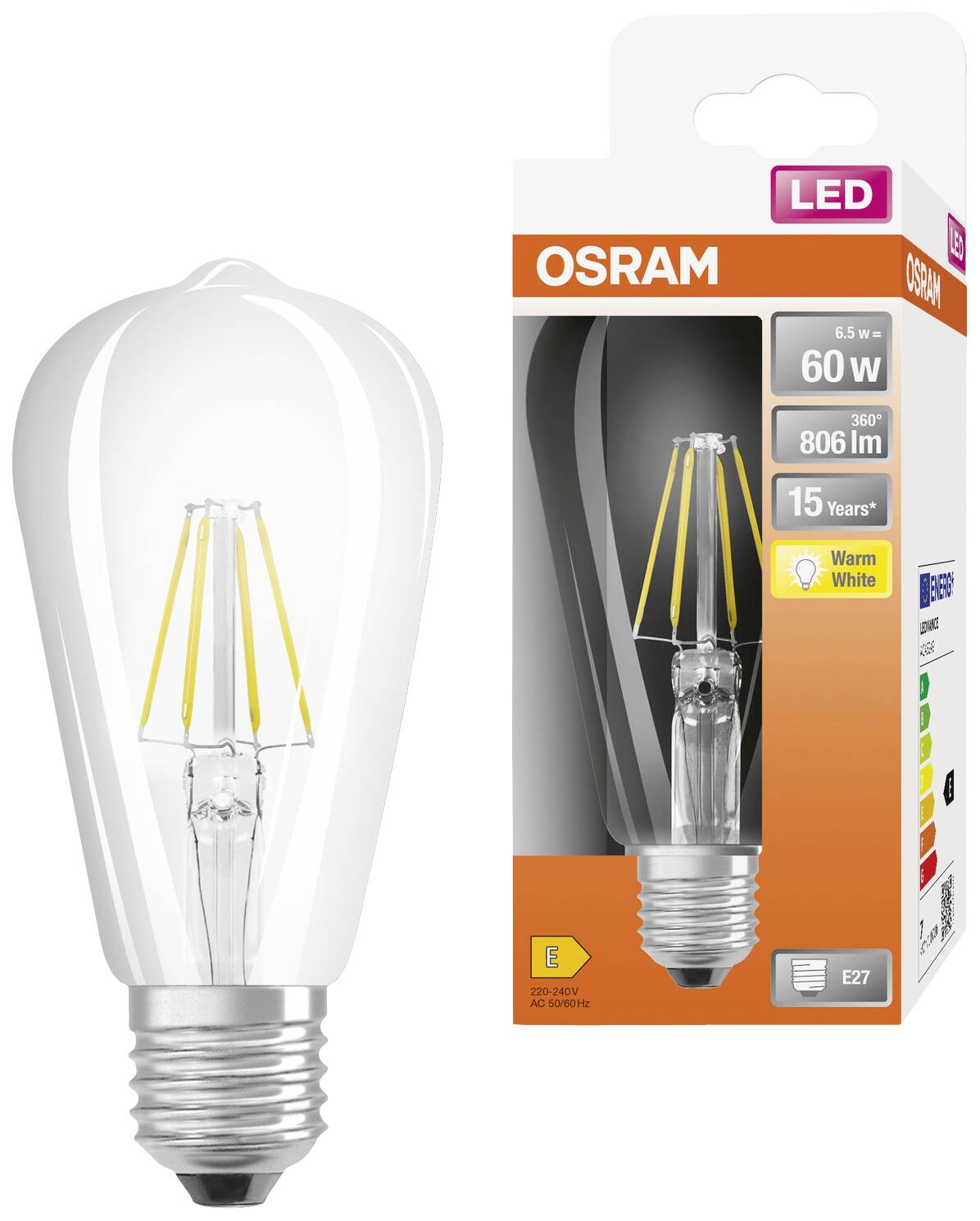 OSRAM 4058075434400 LED (monochrome) EEC E (A - G) E-27 Pear shape 6.5 W = 60 W Warm white (Ø x L) 64 mm x 143 mm 1 pc(s-2