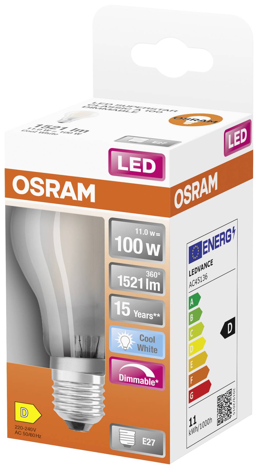 'OSRAM LED Light Bulb, 11W, clear, 1521 lm, E27, energy-efficient, dimmable, 15-year lifespan, cool white, Energy Class D.'