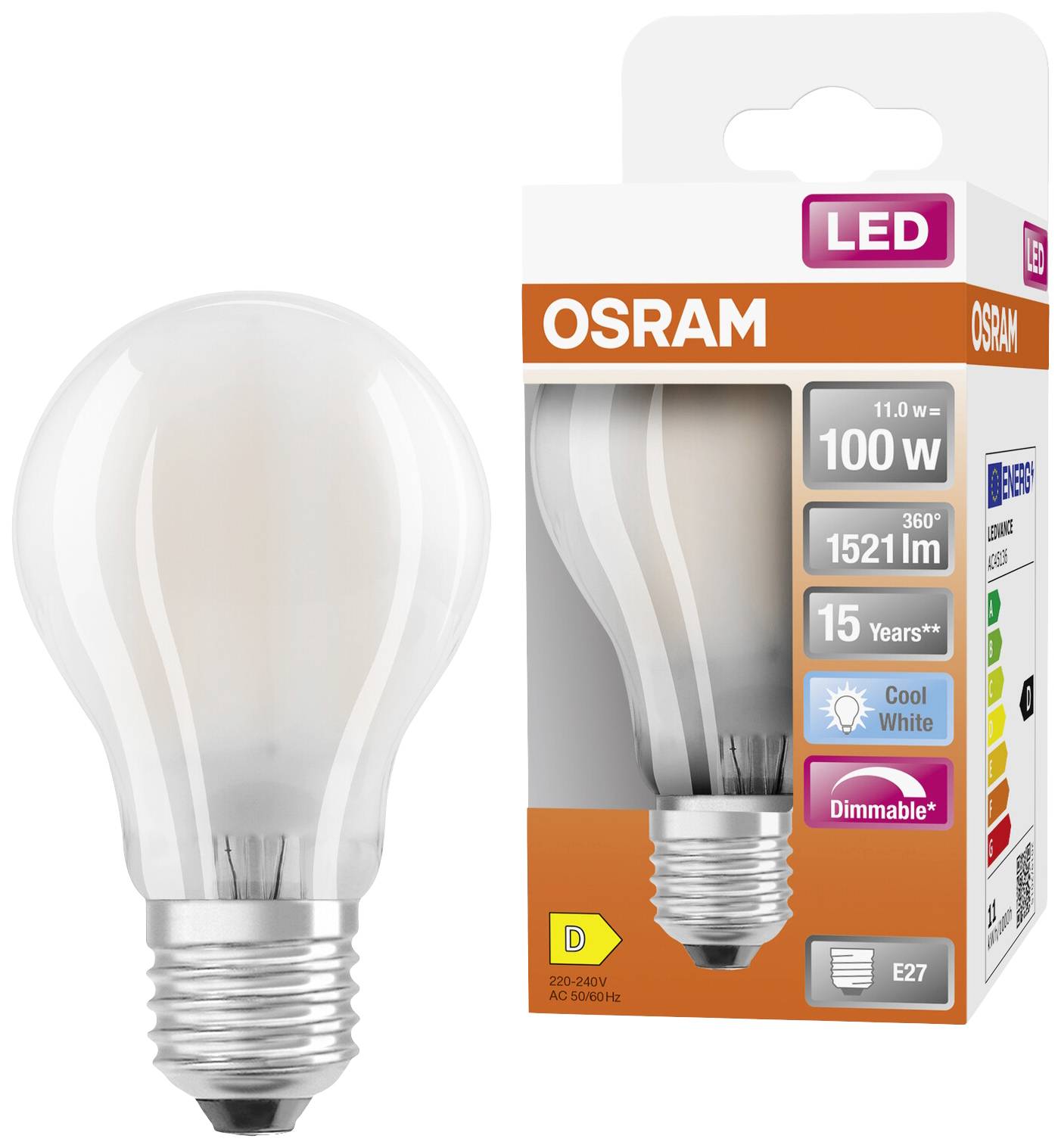 Osram light bulb, 11.0 W, 1521 lm, replaces 100 W. Cool white, dimmable light. Energy efficiency class D. E27 base.