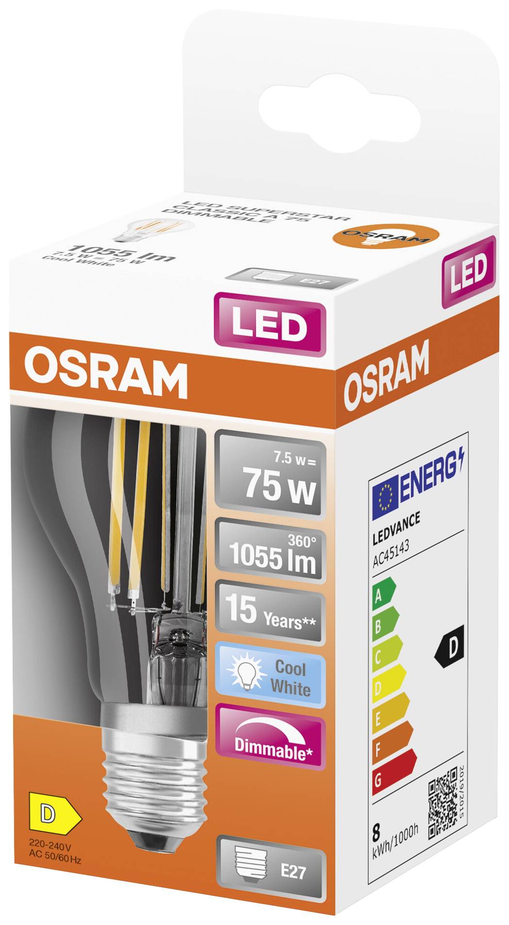 An Osram LED light bulb packaging. Printed details show: 7.5W equivalent to 75W, 1055 lumens, 15-year lifespan. Energy efficiency class D.