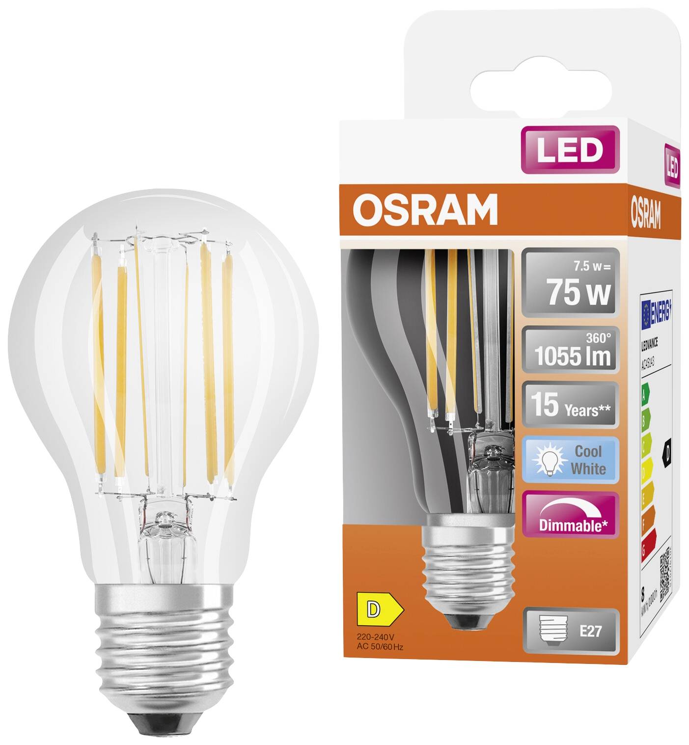 Osram LED light bulb in packaging. 7.5W, equivalent to 75W, 1055 lumens, Cool White, dimmable, E27 screw fitting, Energy Class D, 15-year lifespan.