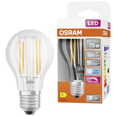 Osram LED light bulb in packaging. 7.5W, equivalent to 75W, 1055 lumens, Cool White, dimmable, E27 screw fitting, Energy Class D, 15-year lifespan.