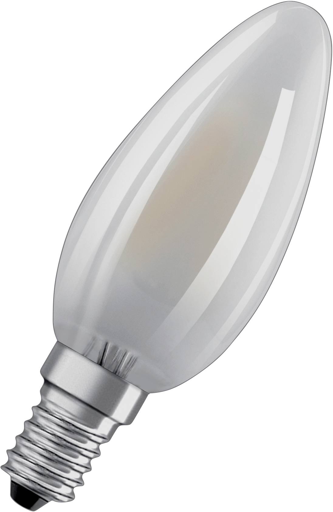 A white LED light bulb with an E14 base, teardrop-shaped, not illuminated. Energy-saving lighting suitable for lamps and light fittings.