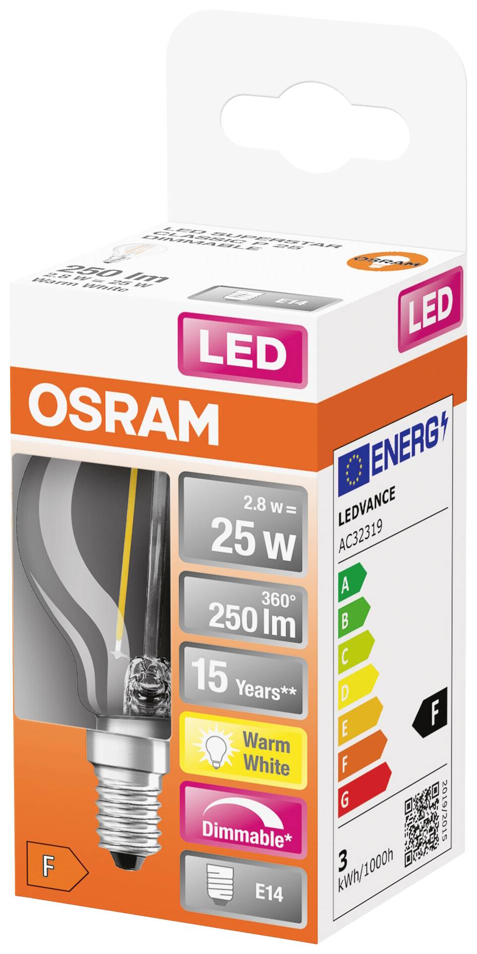 'Osram LED light bulb, 2.8W, equivalent to 25W, 250 lumens, warm white, dimmable, Energy Class F, E14 socket, 15-year lifespan.'
