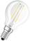 Light bulb with clear glass, visible filaments and metal screw thread, standing upright.