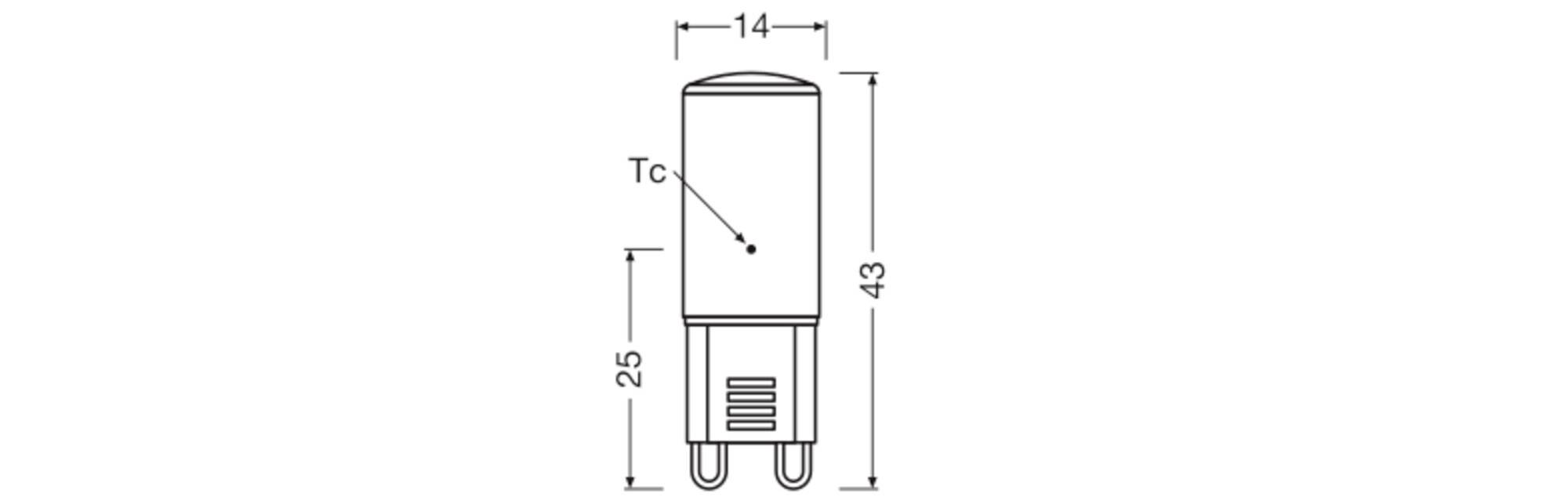 Technical drawing of a cylindrical LED lamp with dimensions of 14 mm width and 43 mm height, marked as Tc and 25 mm base.