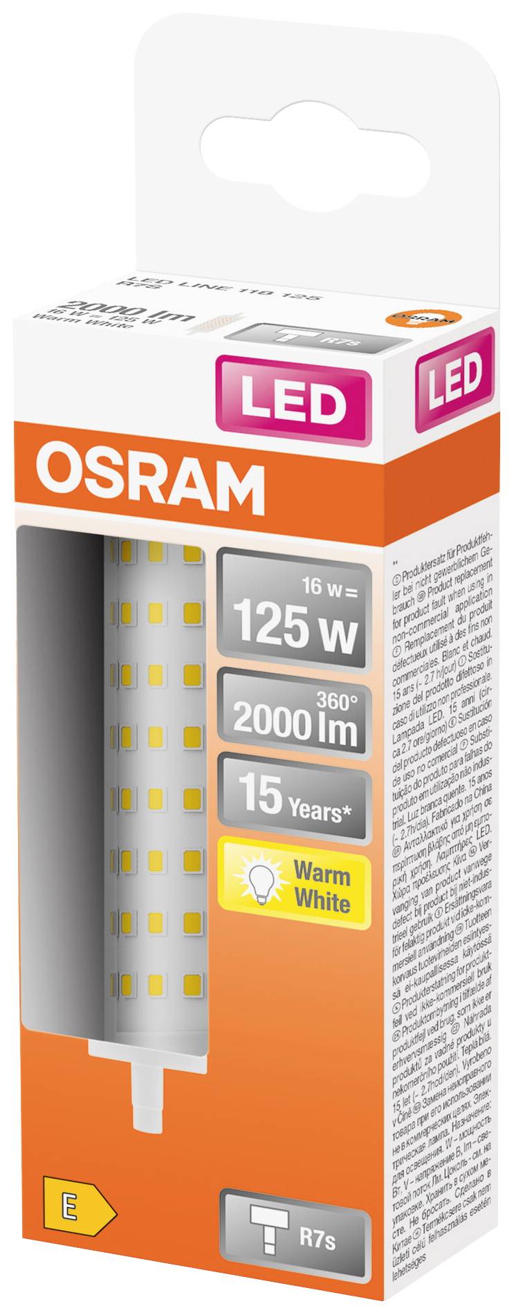 Energy-efficient and long-lasting LED lamp by OSRAM, 125W, 2000lm, warm white light, suitable for R7s fittings. Packaged in orange.