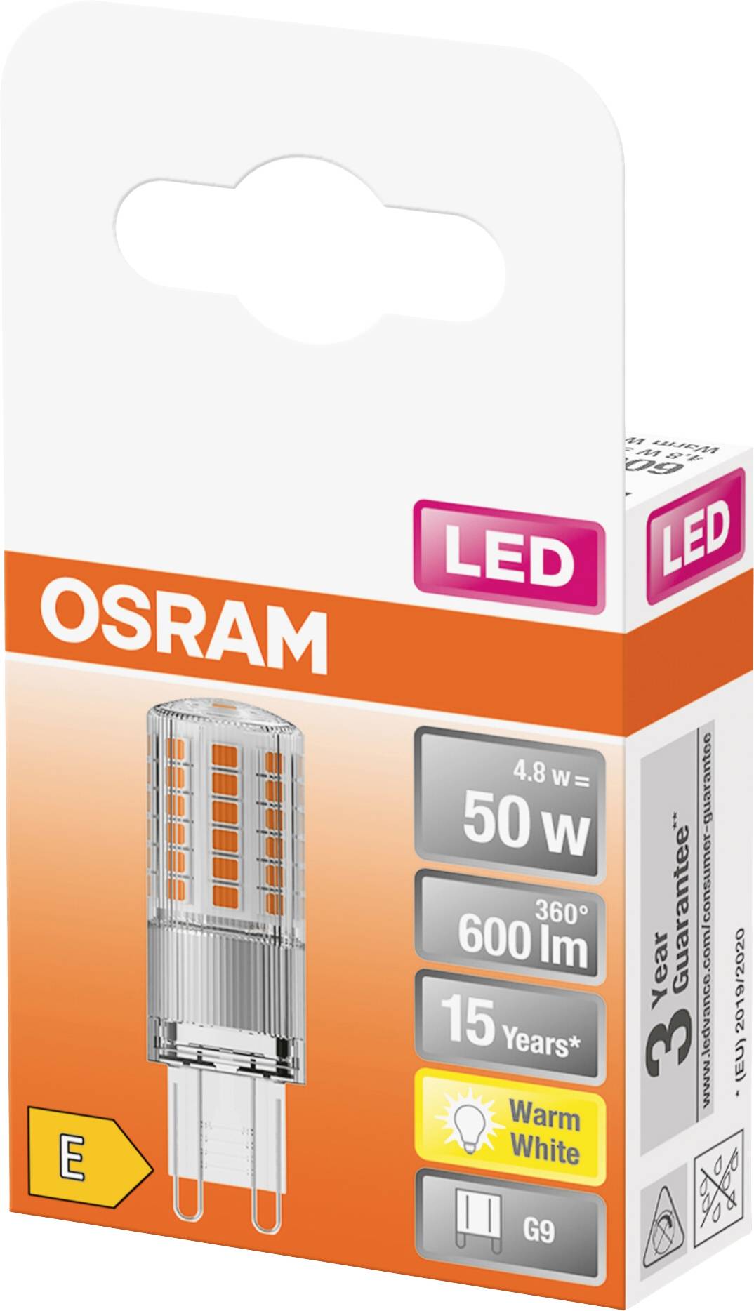 Packaging of an Osram LED lamp. Details: 4.8 W, 50 W replacement, 600 lumens, 360° beam angle, 15-year lifespan, warm white, G9 base.