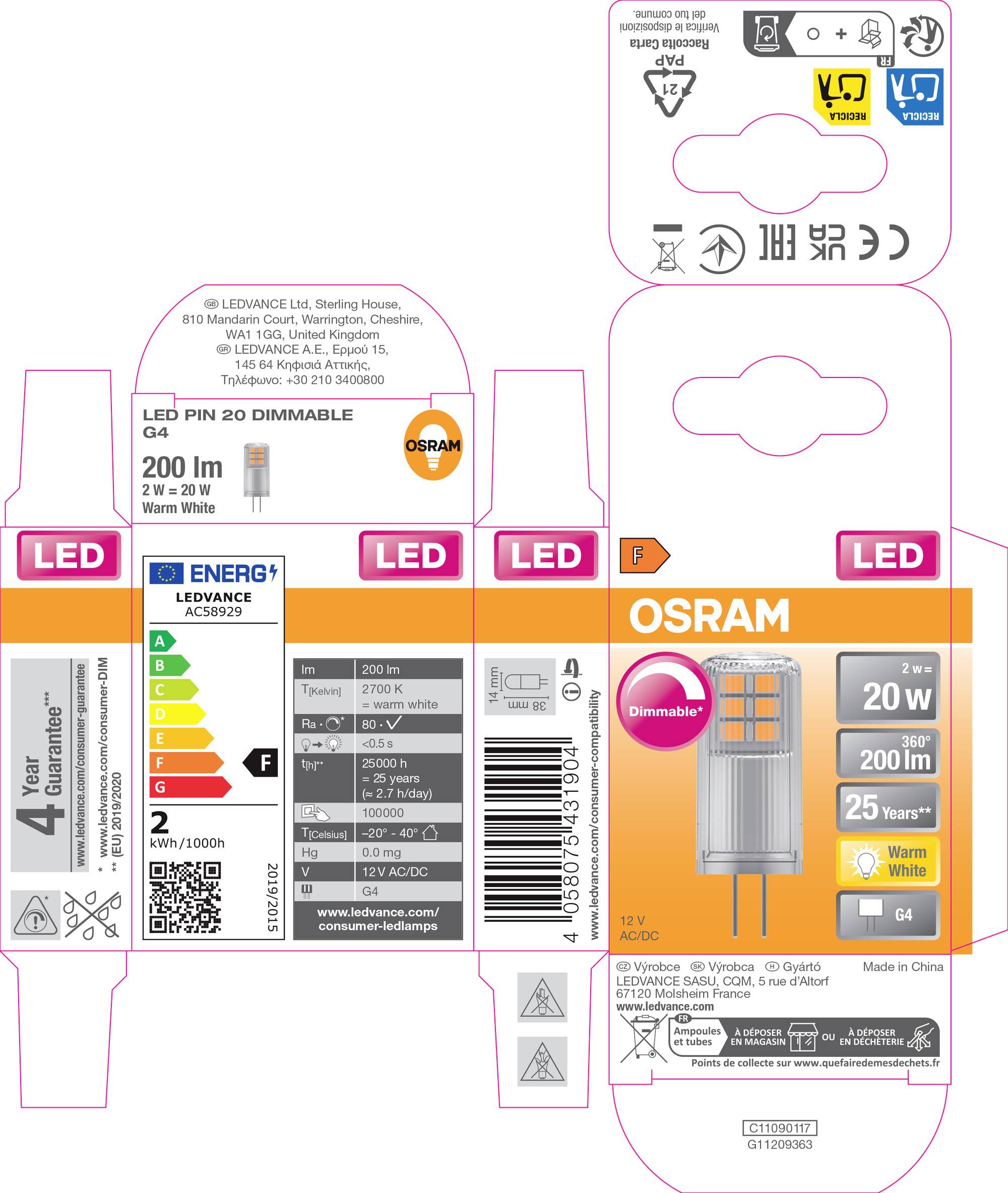 Packaging for a dimmable Osram LED lamp, 20 W, 200 lm, warm white, Energy Class G, suitable for G4 sockets with 4-year warranty.