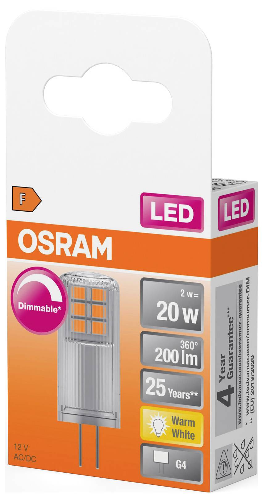'OSRAM LED Lamp, Dimmable, 20W, 200 lumens, Warm White, G4 Base, 4-Year Warranty.' Packaging with product illustration.
