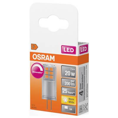 'OSRAM LED Lamp, Dimmable, 20W, 200 lumens, Warm White, G4 Base, 4-Year Warranty.' Packaging with product illustration.