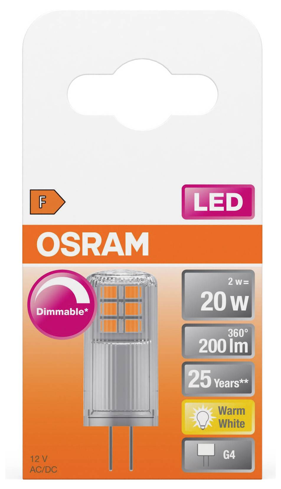 OSRAM LED Lamp, 20W, Dimmable, 200 Lumens, Warm White, 25-Year Lifespan, Energy Rating F, 12V AC/DC Voltage.