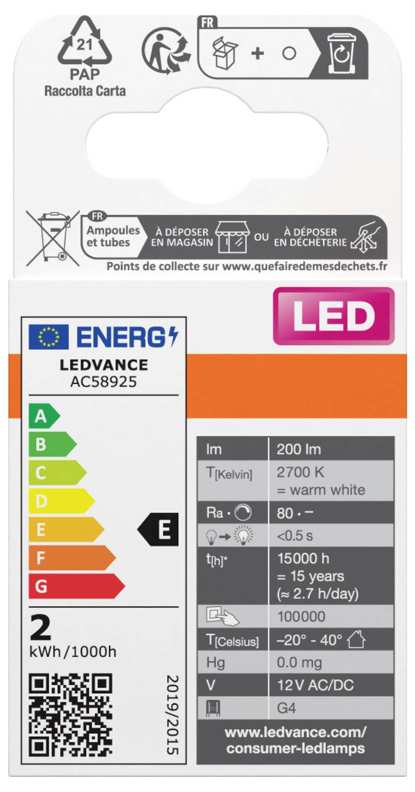 LED Lamp Packaging with Energy Efficiency Class E, 2 kWh/1000h. 2700K warm white, 800 lumens, 15,000h lifetime, dimmable.