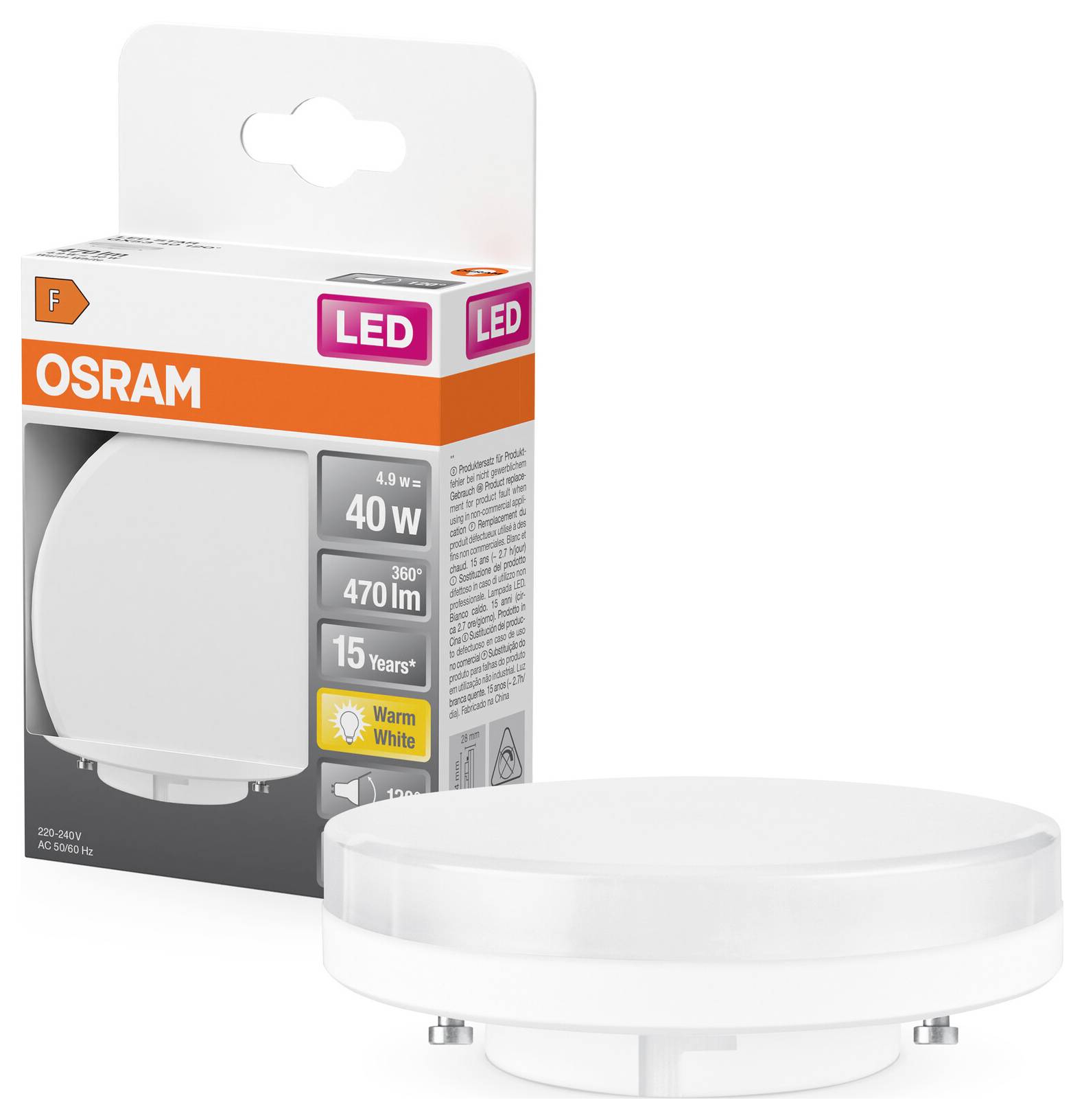 An OSRAM LED lamp, 40 watts, 470 lumens, warm white, placed next to its product packaging on a white background.
