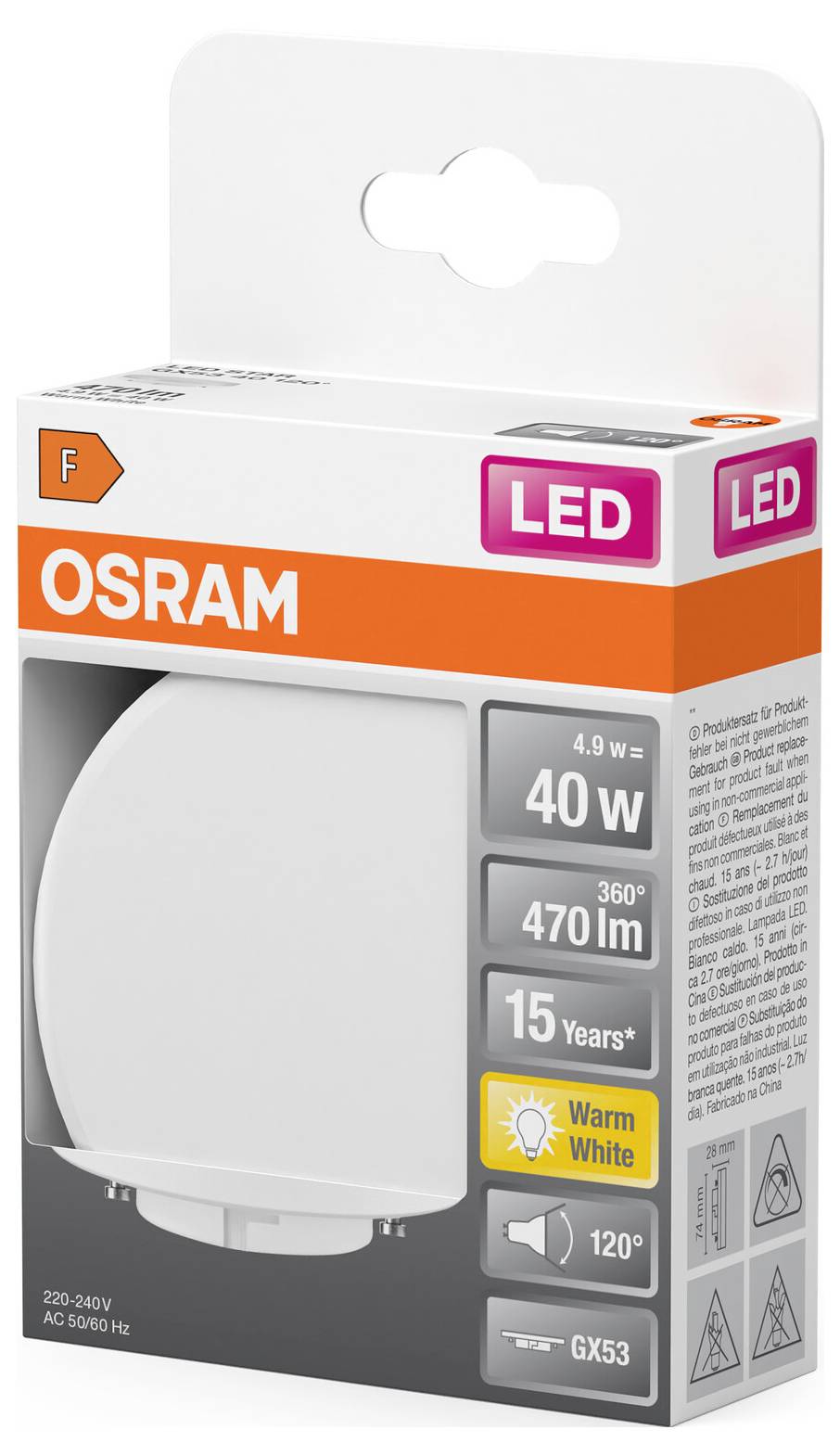 OSRAM LED lamp, 40 watts, 470 lumens, 360-degree beam angle, warm white light, 15-year lifespan, Energy Class F.
