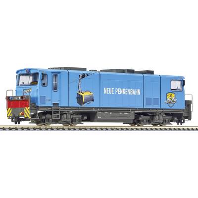 A blue model of a new Penkenbahn locomotive with yellow and black details, travelling on a rail track.