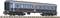 A blue, historic railway passenger carriage on tracks. The carriage has a grey roof, yellow decorative stripes, and multiple windows.