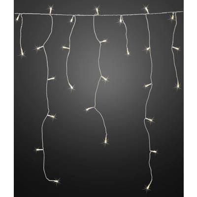 String of lights made from white cable with warm white LED lights, hanging at irregular intervals, against a grey background.