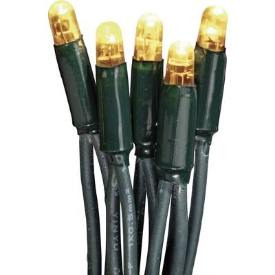 Yellow LED light chains with five illuminating lamps on green cables.