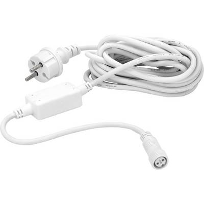 A long, white electrical cable with a plug and a connector.