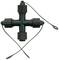 A black plastic cross-shaped connector with removable end caps and cables at each end, for garden irrigation systems.