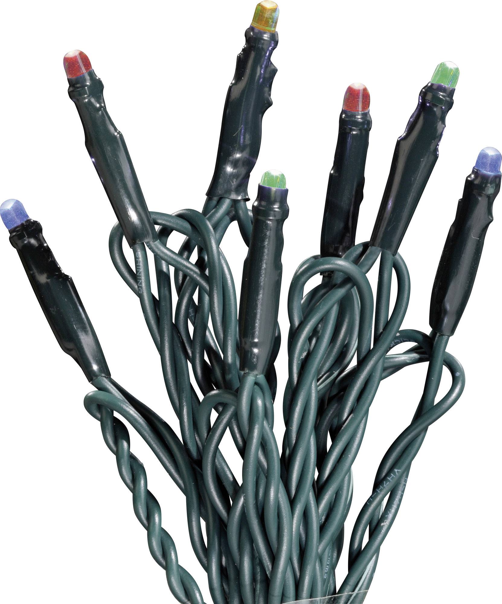 A bundle of green Christmas lights with red, blue, and green bulbs attached to a green cable.