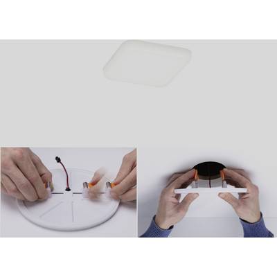 'Square LED ceiling light in white. Hands demonstrate the step to connect the cable and mount the light on the ceiling.'