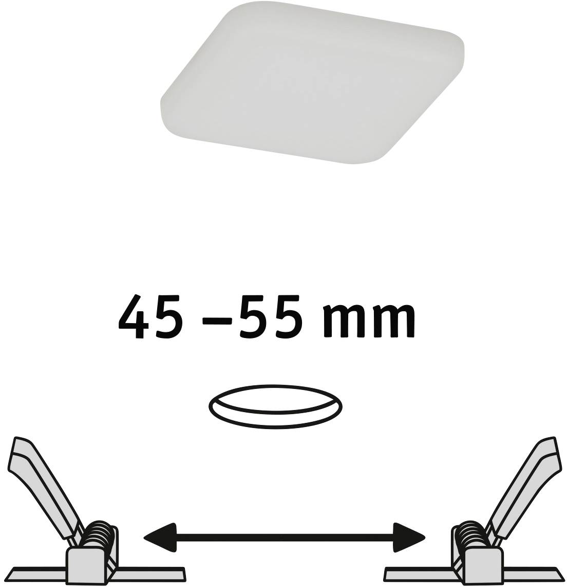 'Installation height 45-55 mm' indicates the required depth for installing a square ceiling light with mounting mechanism.