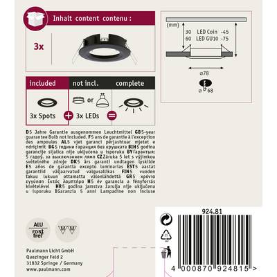 'LED Spot Set'; contains 3 spotlights and 3 LEDs. Technical details: Dimensions: Hole diameter 68 mm, 50 mm height, 78 mm diameter. Manufacturer: Paulmann Licht GmbH, Germany.