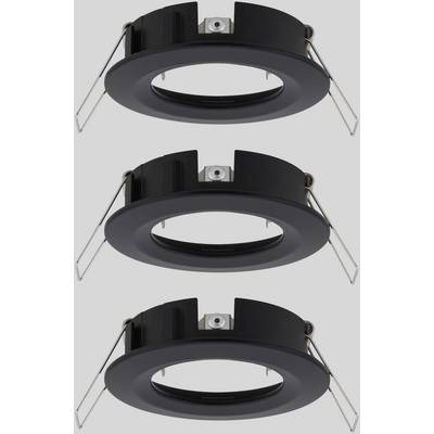 Three black, round recessed frames for ceiling spotlights. Each frame has two side brackets for mounting.