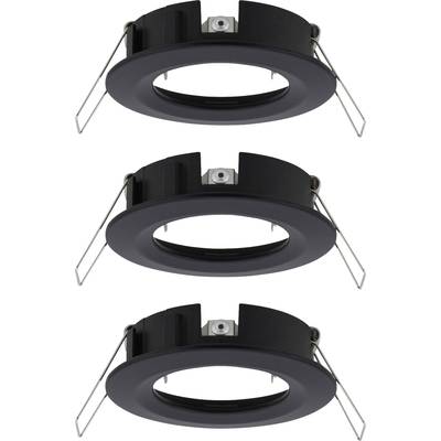 Three black, round LED recessed housings with clips, vertically stacked. Suitable for ceiling installation.