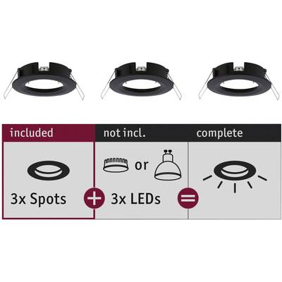 'Three black spotlights at the top. Below: 'included' shows 3x spots, 'not incl.' shows "3x LEDs", 'complete' shows circular symbol with light.'