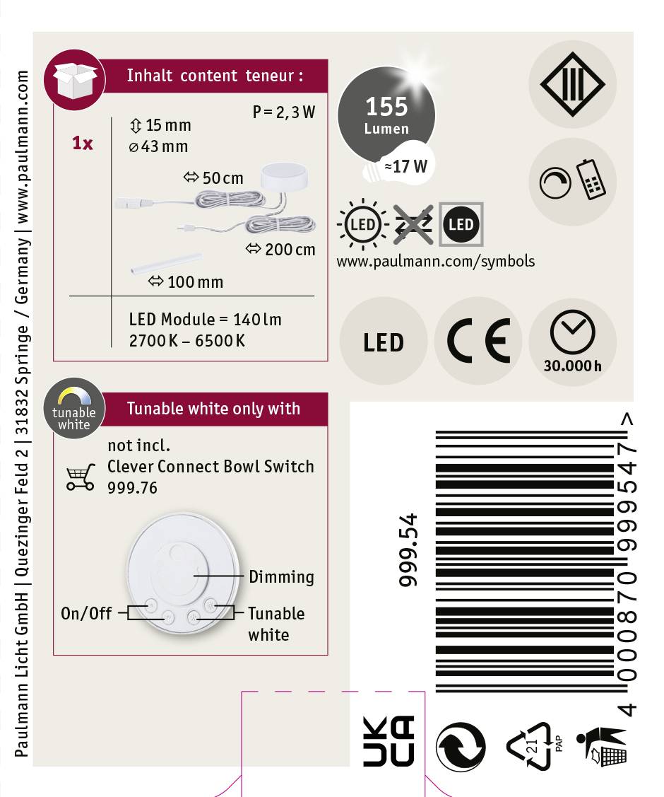 'LED Light', 155 Lumens, 2.3 W, dimmable, switch not included. Cable sealed through brushes, 30,000 hours lifespan.