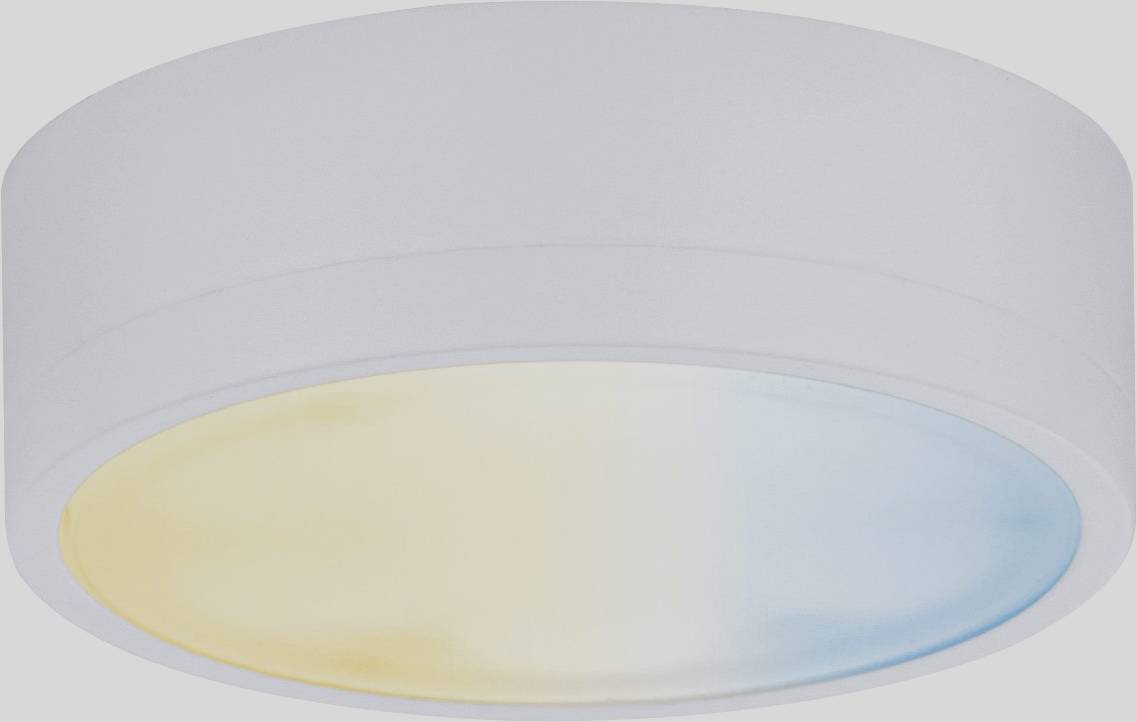 Round LED ceiling light with warm white and cool white lighting.