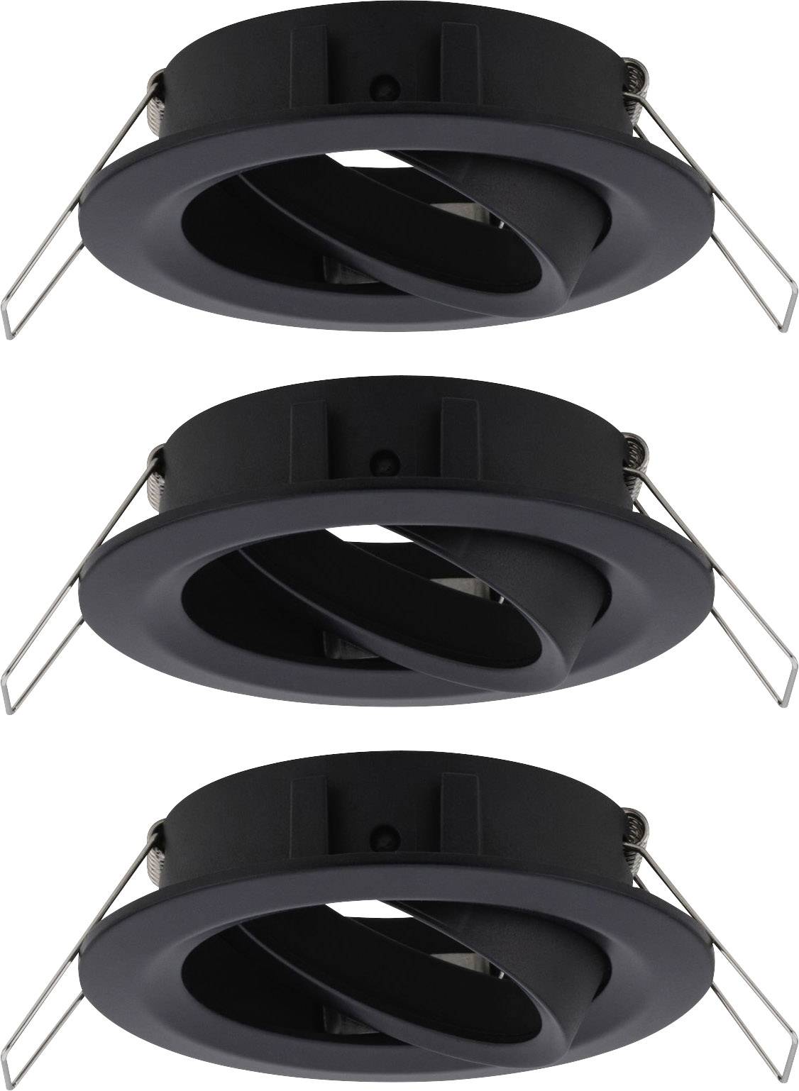 Three black, round recessed spotlights with adjustable inner ring, suitable for ceiling mounting, demonstrate modern lighting solutions.