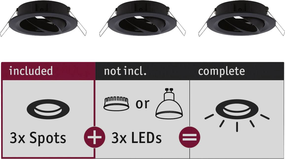 'Three black LED recessed spotlights with pivoting design. The image shows that a unit comprising three spotlights and three LEDs is complete.'
