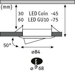 The diagram shows the installation dimensions for LED lights with a beam angle of 50 degrees and diameter specifications of 84 and 68 mm.