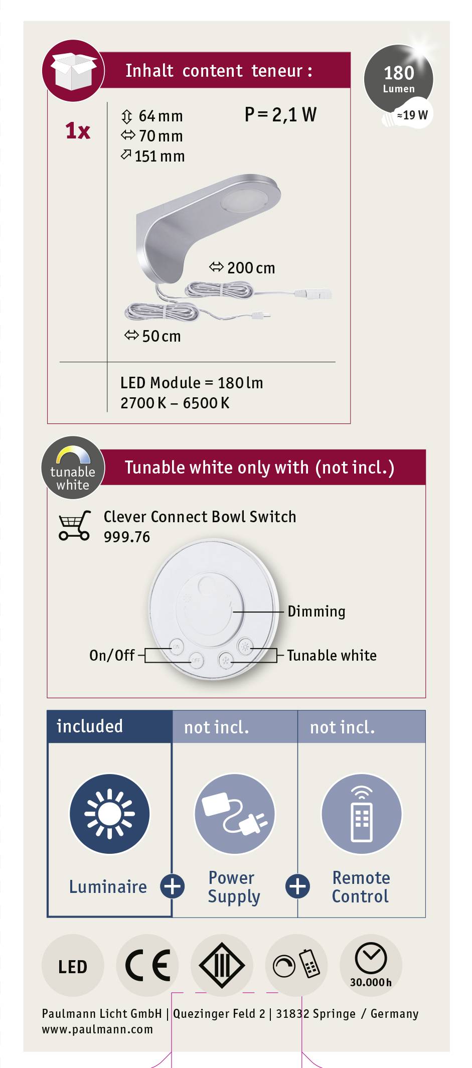 'LED Module 180lm, 2700K–6500K. Includes: 1x Light Fitting, Dimensions: 64mm x 70mm x 151mm. Not Included: Power Supply, Remote Control.'