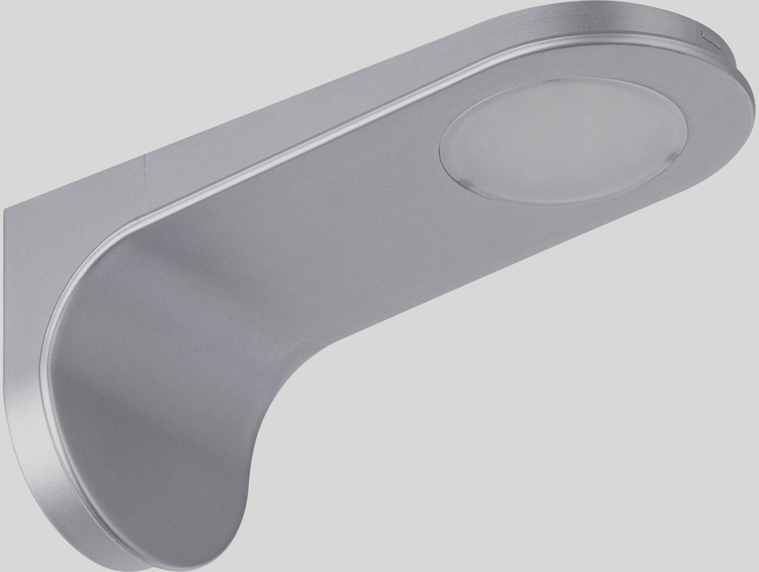 A modern, silver wall light with a circular LED light source, suitable for stylish interior illumination.
