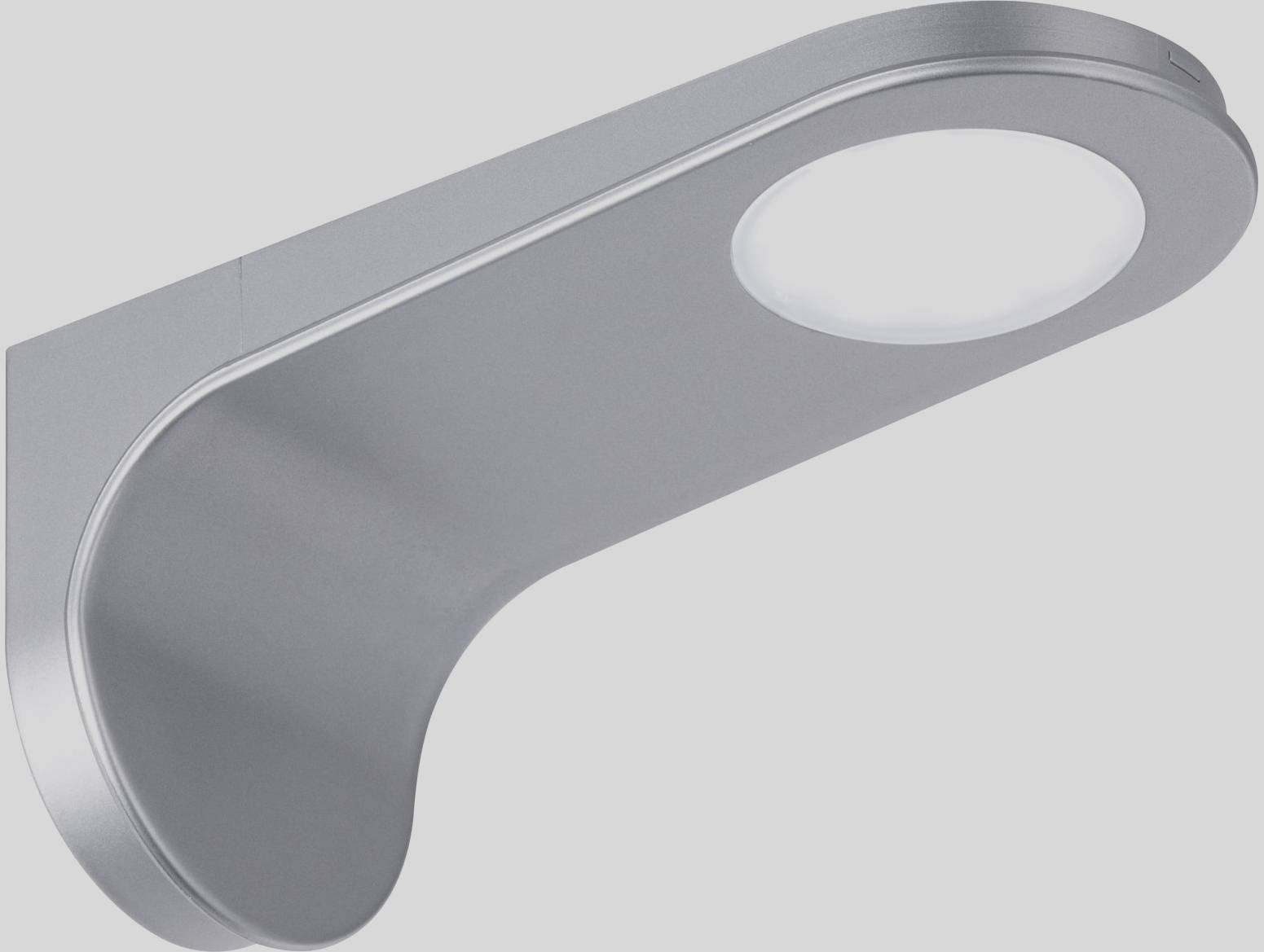 A modern-designed wall light made of brushed metal, with a round, integrated LED light source at the bottom.