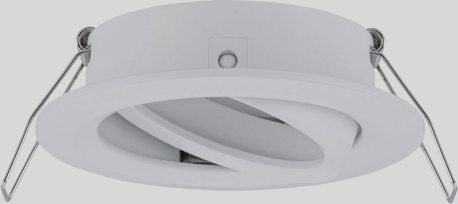 A round, white recessed spotlight with two adjustable mounting brackets on the sides. Suitable for ceiling installation, modern and understated in design.