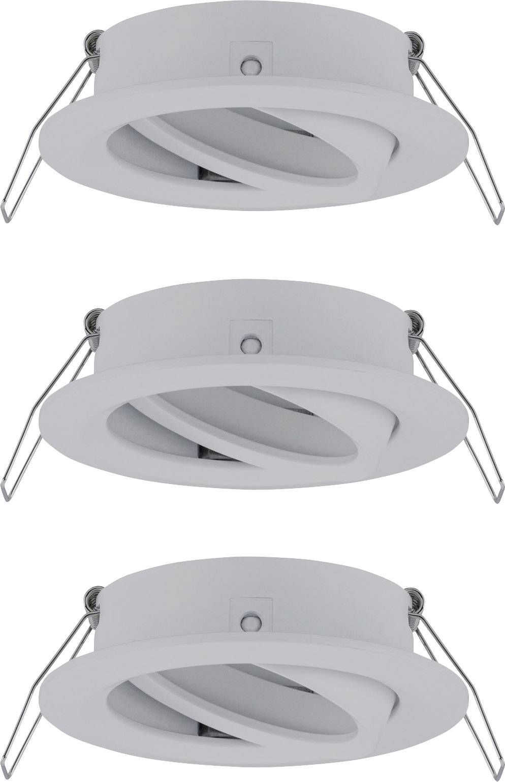 Three recessed spotlights in white, positioned side by side, display their round, adjustable lamp inserts.